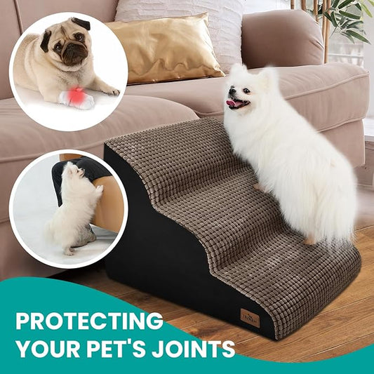 Dog Stairs for Small Dogs, 15.8 in H 3 Step Curved Dog Ramp for High Bed and Couch, Foam Dogs Ramp with Durable Non-Slip Waterproof Fabric Cover, Pet Stairs for Pets Joints, Brown