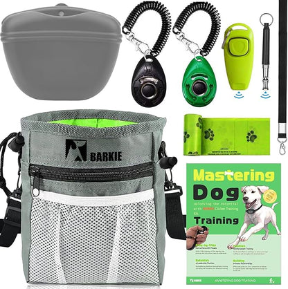 BARKIE Dog Training Kit - Treat Pouch, Pet Training Fanny Pack, 2 Puppy Training Clickers, Ultrasonic Silent Whistle, 2-in-1 Whistle Clicker, Clicker Training Guide Booklet, Dog Poop Bag (Grey)