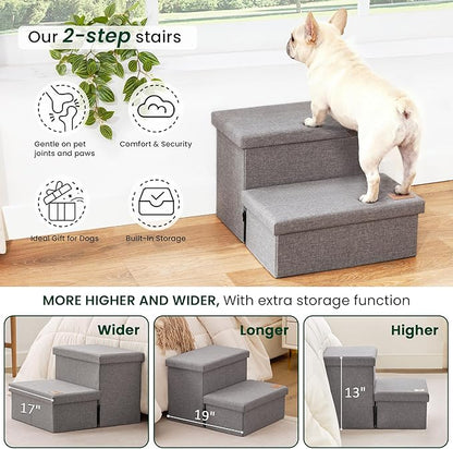 Love's cabin Dog Stairs with Storage 13" H,Foldable Pet Stairs for Small Medium or Large Dogs,Cat Puppy Steps Ramp with Zip up to 150 lbs(Solid Grey,2 Steps no Condo)
