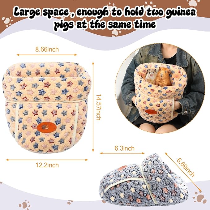Wenqik 2 Pcs Guinea Pig Hideouts Washable Bunny Bedding Cuddle Warm Small Pet Sack Supplies Portable Pet Carrier Cage Nest Guinea Pig Accessories for Cage(Blue, Khaki,Star)