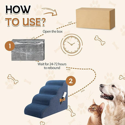 Dog Stairs, Romrol Dog Steps Ramp for High Bed and Couch, Dogs Ramp with Durable Non-Slip Waterproof Fabric Cover, Pet Stairs for Small Dogs and Cats or Pets Joints, 4-TiersDusty Blue