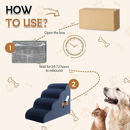 Dog Stairs, Romrol Dog Steps Ramp for High Bed and Couch, Dogs Ramp with Durable Non-Slip Waterproof Fabric Cover, Pet Stairs for Small Dogs and Cats or Pets Joints, 4-TiersNavy