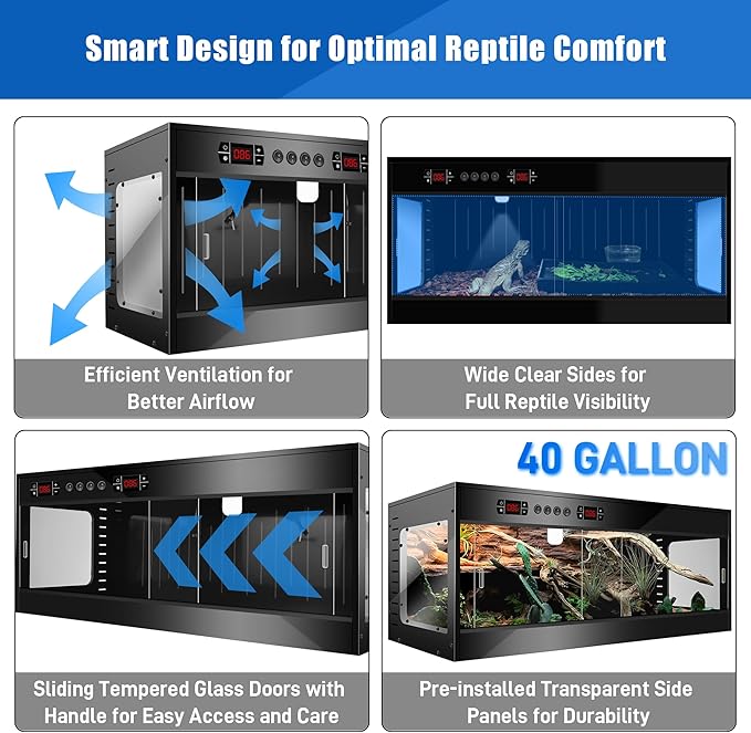 PVC Reptile Tank Enclosure-40 Gallon Intelligent Bearded Dragon Tank, Front Opening Reptile Terrarium 39x15.7x15.7 with Temperature Controller, Mat & Sliding Door Handle for Snake Lizard Gecko