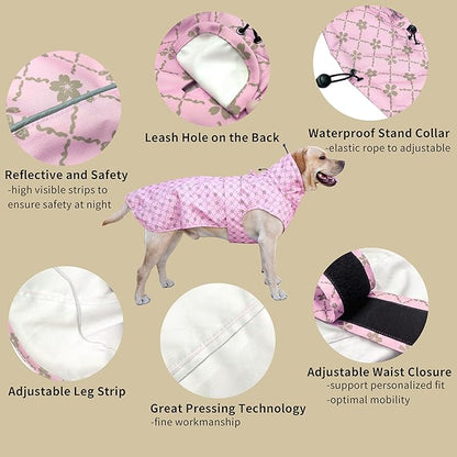 Adjustable Waterproof Dog Raincoat for Dogs,Lightweight Pet Rain Jacket Puppy Clothes with Reflective Strip for Small Medium Large Dogs(X-Large,Gold Cheery Blossoms Pink)