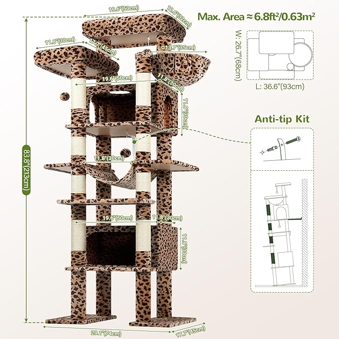 Globlazer XXL Giant Cat Tree, 83 Inch Heavy Duty Tall Cat Tower for Indoor Cats Large Adult, Multi-Level Large Cat Condo with 8 Scratching Posts, Hammock, 2 Cat Caves, 2 Platform, F83B, Leopard Print