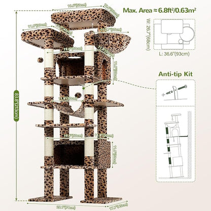 Globlazer XXL Giant Cat Tree, 83 Inch Heavy Duty Tall Cat Tower for Indoor Cats Large Adult, Multi-Level Large Cat Condo with 8 Scratching Posts, Hammock, 2 Cat Caves, 2 Platform, F83B, Leopard Print