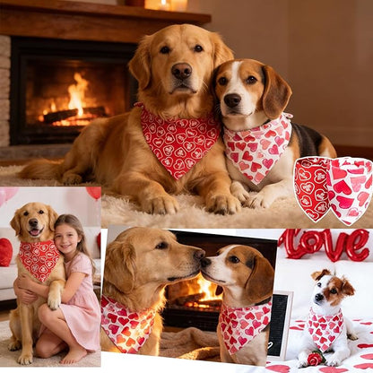 Dimidium Valentines Day Dog Bandanas 2 Pack - Double Sided Heart Patterns & Affection Phrases, Adjustable Snap Button, Romantic Costume Accessory for V-Day, Medium Large Breeds 30-75lbs
