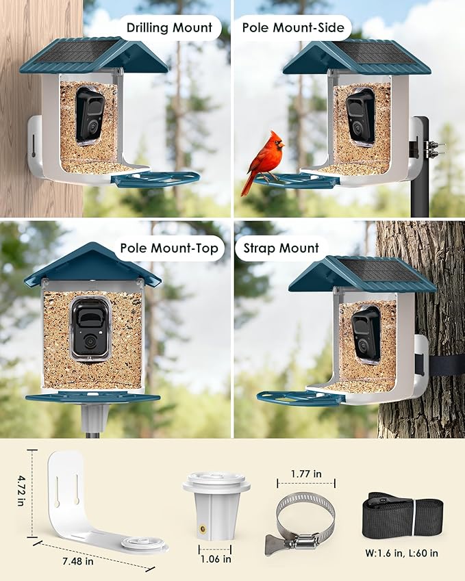 BIRDSFAVE-Bird Feeder with Camera Solar Powered, 2K Clear Live/Video/Photo Auto Arrival Alerts AI Identify Smart Cameras Birds Feeders with 32GB Card DIY Add-ons, 2.4G WiFi Wireless Birdwatching Gift