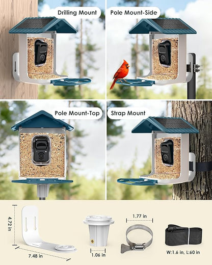 BIRDSFAVE-Bird Feeder with Camera Solar Powered, 2K Clear Live/Video/Photo Auto Arrival Alerts AI Identify Smart Cameras Birds Feeders with 32GB Card DIY Add-ons, 2.4G WiFi Wireless Birdwatching Gift