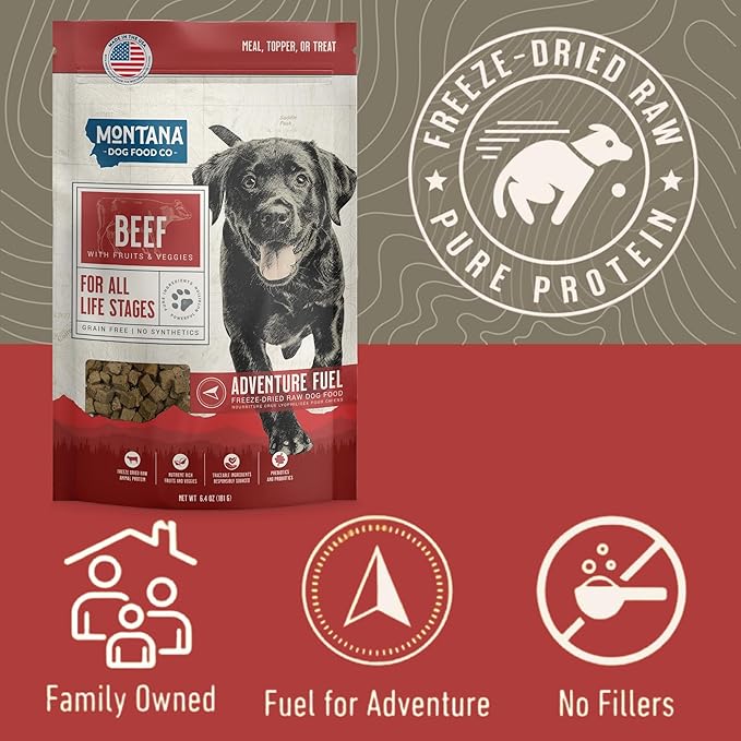 MONTANA DOG FOOD CO. Freeze-Dried Raw Beef Recipe Dog Food – Grain-Free, High-Protein Meal or Topper, Made in USA with USA Ingredients -6.4 oz Bag