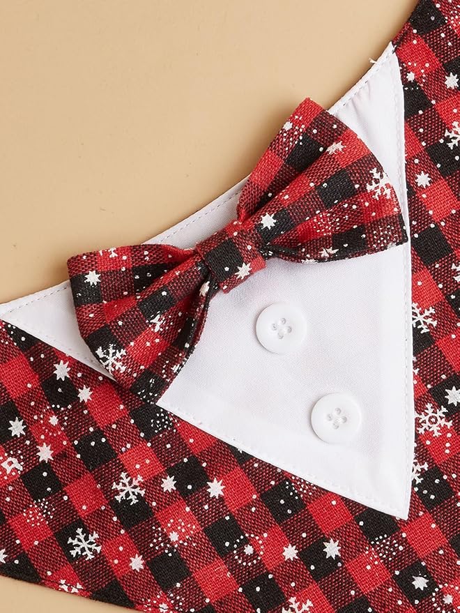 HDGDT Adjustable Red Plaid Christmas Dog Tuxedo Bandana with Bow Tie - Holiday Pet Outfit Costume for Dogs XS to XL