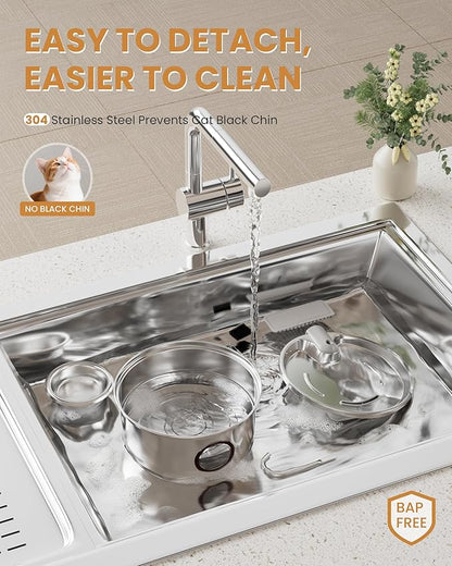 Cat Water Fountain Stainless Steel - 108oz/3.2L Ultra-Quiet Cat Fountain for Drinking with Removable Food Bowl, with 3 Filters Supplies for Cats, Small Dogs, Multiple Pets