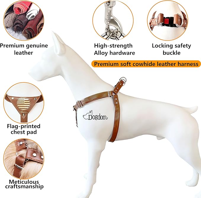 Leather Dog Harness with Padded Chest Plate – Adjustable Genuine Leather H-Style Walking Harness with Metal Buckles and American Flag Emblem for Medium & Large Dogs, Black & Brown(Brown, M)