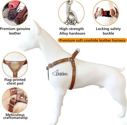 Leather Dog Harness with Padded Chest Plate – Adjustable Genuine Leather H-Style Walking Harness with Metal Buckles and American Flag Emblem for Medium & Large Dogs, Black & Brown(Brown, M)
