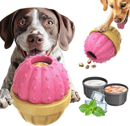 Frozen Treat Dispensing Dog Toy for Aggressive Chewers, Indestructible Chew Toys, Slow Puzzle Feeder for Small Medium Large Breed to Keep Them Busy, Reduces Anxiety, Easy to Clean, Pink