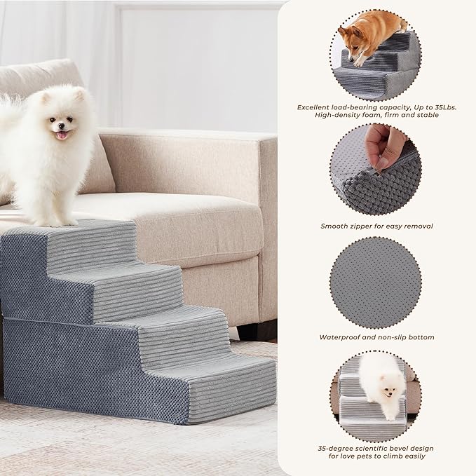 HYLEORY Dog Stairs for Bed 18''H, 4-Step Pet Stairs for Small Dogs Cats, Sturdy Pet Steps with Non-Slip Bottom, Functional Portable Dog Ramp for Couch/Chair/Sofa/Car, Storage Pocket, Light Grey-Grey