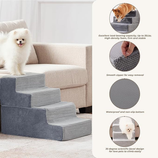 HYLEORY Dog Stairs for Bed 18''H, 4-Step Pet Stairs for Small Dogs Cats, Sturdy Pet Steps with Non-Slip Bottom, Functional Portable Dog Ramp for Couch/Chair/Sofa/Car, Storage Pocket, Light Grey-Grey
