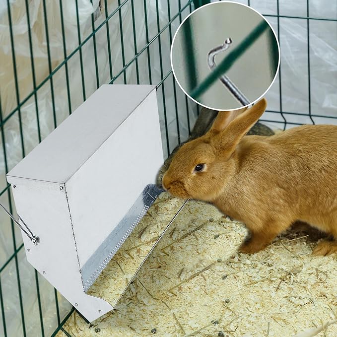 Maxcheck 2 Pcs Rabbit Feeder for Cages Small Animal Food Dispenser with Lid Metal Chicken Grit Oyster Shell Feeders Outside (11.8 Inches,Mesh Bottom,Silver)