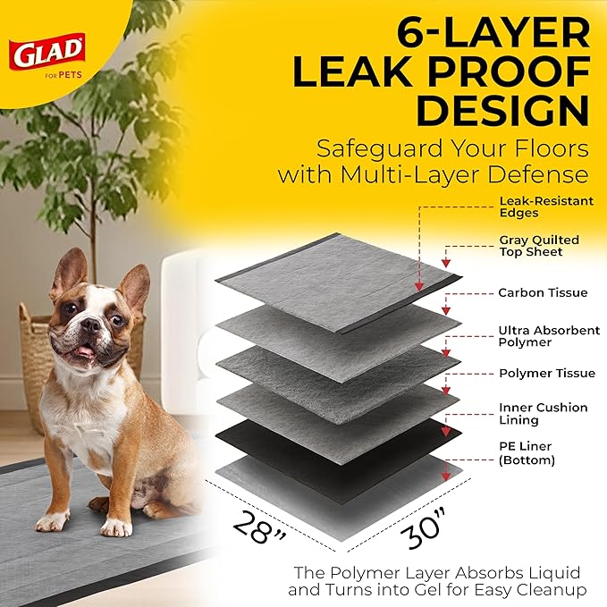 Glad for Pets Extra Large Charcoal Dog Training Pads - Absorbent Disposable Pee Pads for Dogs, Cats & Puppies - Jumbo-Size Potty Pads that Neutralize Urine Instantly - 30 Count Pet Supplies