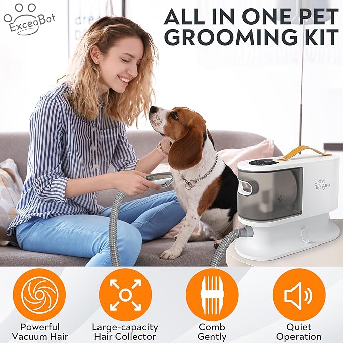 Pet Grooming Vacuum for Dogs & Cats, 12kPa Strong Suction, ≤50dB Quiet, 2L Dust Cup, 5-in-1 Grooming Kit with Ceramic Clippers, 6 Guide Combs, Vacuum for Shedding & Long-Haired Breeds