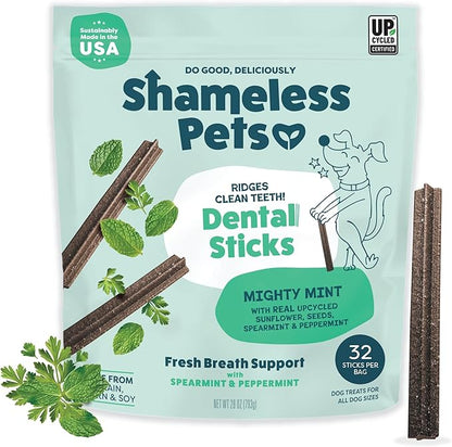 Shameless Pets Triple Mint Dental Chews for Dogs, 32 Chews - Natural Dog Teeth Cleaning Treats with Fresh Breath Benefits | Grain-Free Dental Sticks for Small, Medium & Large Dogs