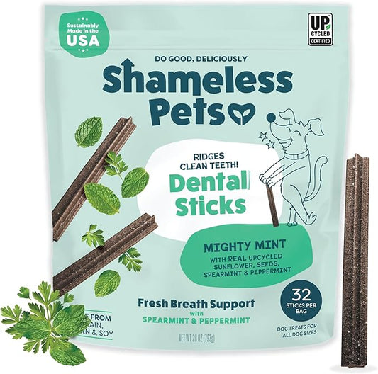 Shameless Pets Triple Mint Dental Chews for Dogs, 32 Chews - Natural Dog Teeth Cleaning Treats with Fresh Breath Benefits | Grain-Free Dental Sticks for Small, Medium & Large Dogs