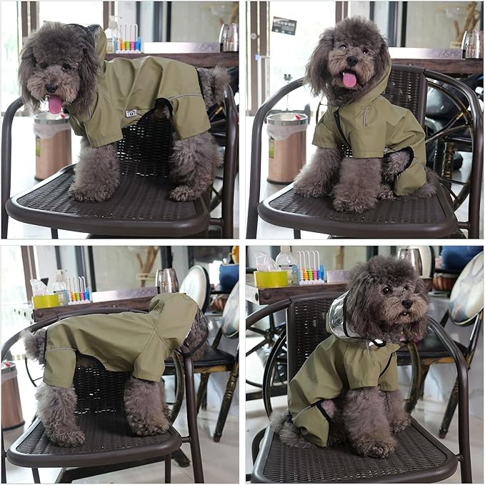 Four-Legged Full Coverage Waterproof Dog Raincoat with Reflective Features Pet Raincoats for Large Medium Small Dogs Khaki XL