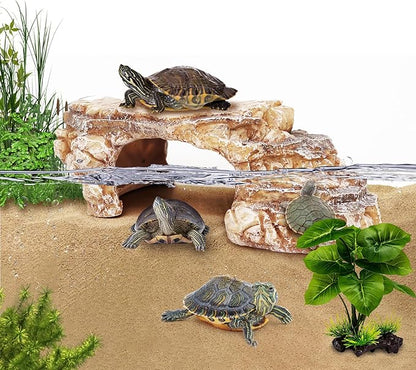MoonOrange Turtle Basking Platform Kit, Reptile Habitat Hideout, Decorative Resin for Aquarium & Terrarium, Including Artificial Plant and Cleaning Brush. (A-Large-Black)