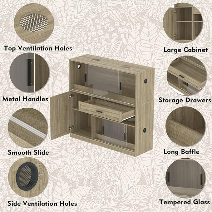 DAWNSPACES Terrarium Stand, Bearded Dragon Cage, Reptile Tank Stand Enclosure, Terrarium Table with Tempered Glass, Ventilation Holes, 1 Cabinet and 1 Drawer for Living Room, Light Oak