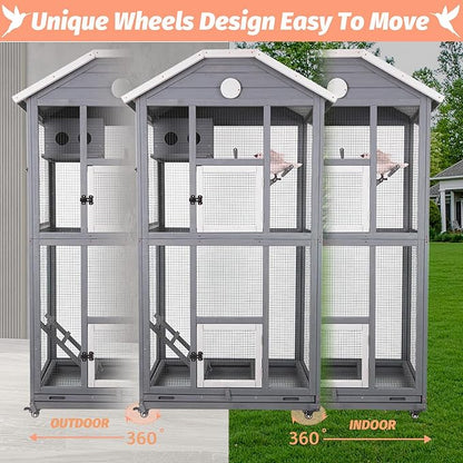 Outdoor Bird Cage Large, Wooden Flight Aviary with Perches, Nest Habitat, and Easy-Clean Pull Out Tray for Parakeets, Macaws, and More