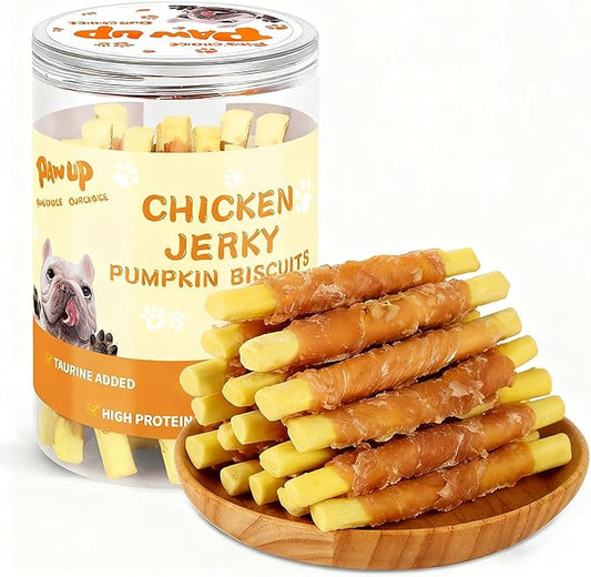 PAWUP Dog Treats Chicken Wrapped Biscuits Pumpkin Sticks, Rawhide Free Soft Chewy w/Taurine, Dog Training Treats,12.5 oz
