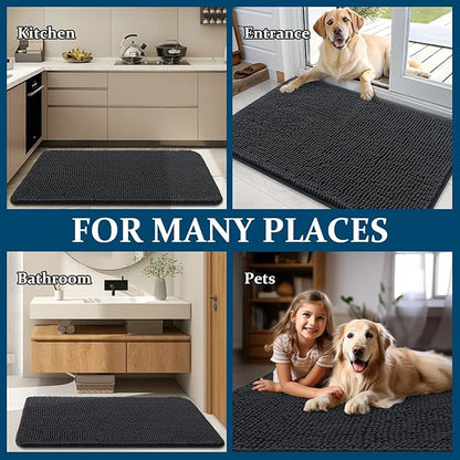OLANLY Dog Door Mat for Muddy Paws 32x20, Absorbs Moisture and Dirt, Absorbent Non-Slip Washable Doormat, Quick Dry Chenille Mud Mat for Dogs, Entry Indoor Entryway Carpet for Inside Floor, Dark Grey