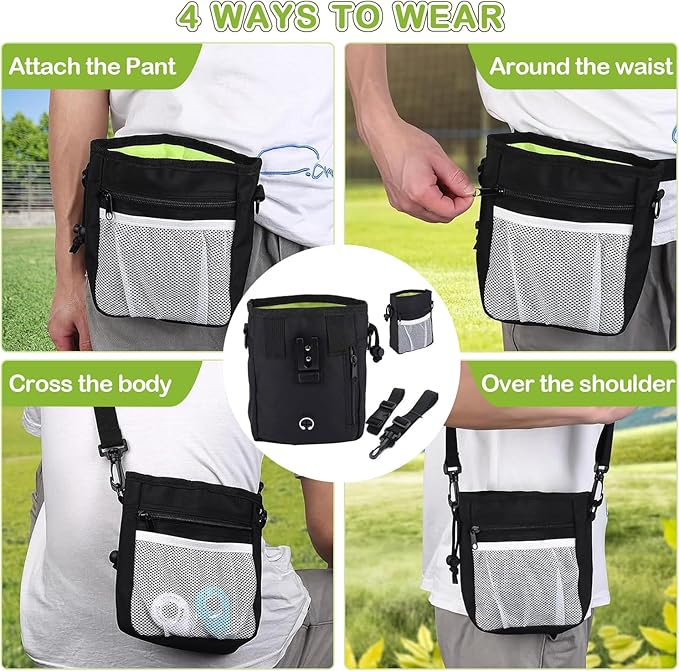 JIURUN Dog Treat Pouch for Pet Training - Dog Treat Bag (Black) - Dog Training Kit, Dog Clicker for Training, Silicone Treat Bag, 2-in-1 Whistle Clicker, Collapsible Dog Bowl, 2 Dog Poop Bag