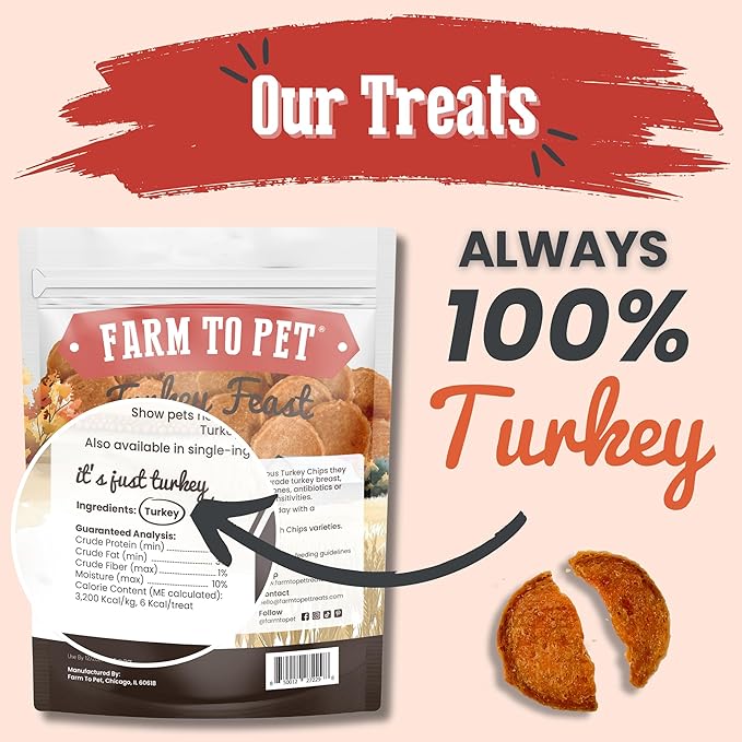Farm To Pet Turkey Feast Chips Dog Training Treats - Turkey Chips, Single Ingredient, Lean, All Natural, Healthy Treats for Small, Medium, Large Dog Breeds, & Puppies, Made in USA