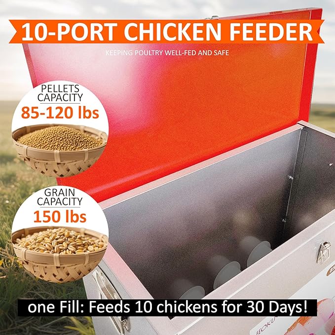 Automatic Metal Poultry Feeder No Waste Large Capacity 85-120LBS Weatherproof Animal-Proof 10-Port for Chickens, Geese, Ducks, Turkeys, Quails