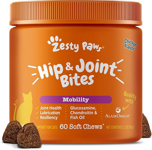 Zesty Paws Hip & Joint Bites for Cats - Glucosamine for Cats - with Chondroitin, Turmeric - Cat Joint Supplement for Hip & Joints - AlaskOmega Fish Oil with Omega-3 Fatty Acids - 60 Count