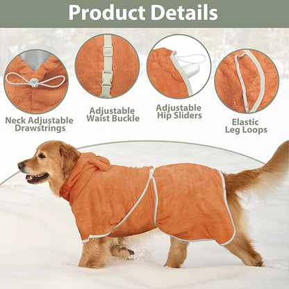 Dog Bathrobe Super Absorbent Towel Robe - Microfiber Bath Towels Fast Drying Coat for Dogs, Cute Dogs Clothes Adjustable Collar & Belly Strap Warm Keeping Hooded Dog Towel (Orange, Small)