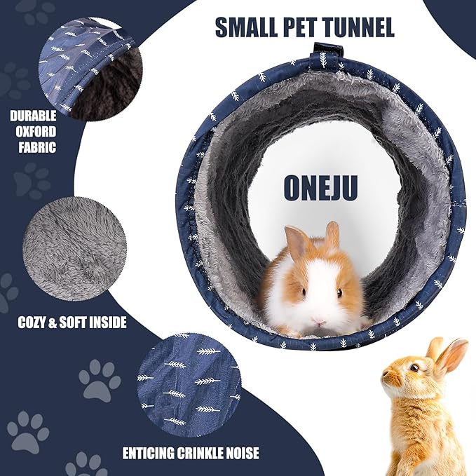 Rabbit Tunnel - Guinea Pig Tunnel, Guinea Pig Tube, 2-Way Small Pet Play Tube, Folds Flat for Storage, Ideal for Adult Small Pets, Dark Blue, Leaf Pattern