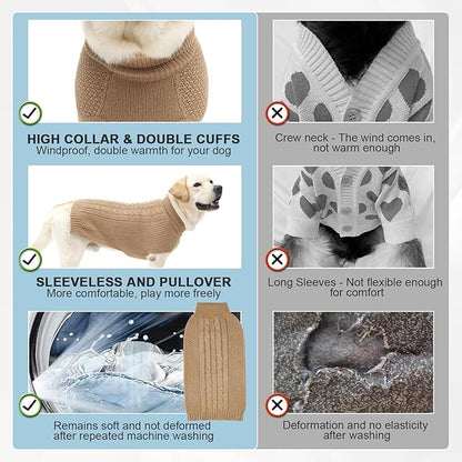 XXL Dog Sweater, Classic Cable Knit Warm Dog Sweatshirt with Reflective Yarn for Girl Boy, Halloween Fall Winter Coat Turtleneck Pullover Clothes Apparel for Small Medium Large Dogs, Khaki XXL