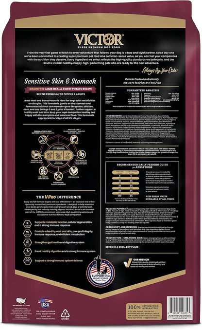 VICTOR Super Premium Dog Food— Sensitive Skin and Stomach— Grain Free Lamb Meal and Sweet Potato Recipe Dry Kibble— Gluten Free, No Chicken, Ideal for Dogs with Allergies — Adult and Puppy Food, 15 lb