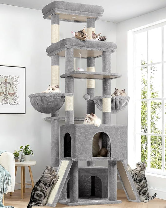 Globlazer Heavy Duty Cat Tree 78 inch Sturdy Cat Tower for 20lbs Large Adult Cats, Symmetrical Aesthetic Big Cat Tree with Extra Large Platform, 2 Scratching Boards, Z78, Light Grey