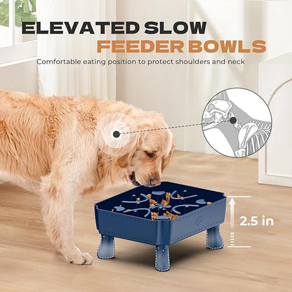 UPSKY Slow Feeder Dog Bowl, 2-in-1 Raised Dog Bowl with Anti-Choking Maze Puzzle, 2-6 Cups Pet Food for Small & Medium Breeds, Interactive Pet Feeder to Slow Eating, Reduce Boredom Blue