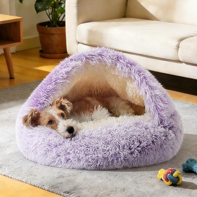 NOYAL Round Hooded Donut Dog Bed for Small & Medium Pets - Plush Fluffy Anti-Anxiety Cat Cave Bed with Cover