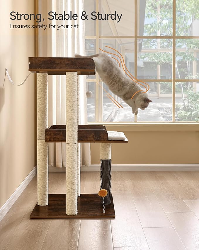 FourFurPets 43.7" Cat Tree, Modern Cat Tree Tower, Cat Tower for Indoor Cats Large Adult, Cat Condo with Scratching Post, Large Perch and Removable Pads,Rustic Brown