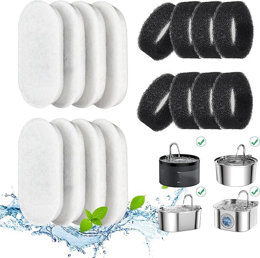 Cat Water Fountain Filters, 16 Pack Cat Fountain Filters, Cat Fountain Replacement Filters for 67oz/2L&108oz/3.2L Stainless Steel Cat Water Fountain, Pet Water Fountain Filters (8 Filters & 8 Sponges)