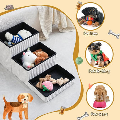 Dog Stairs for Small Dogs with Storage 18" h, 3-Tier Non-Slip Pet Stairs for Dogs Cats, Foldable White Dog Steps Ramp, Corduroy Fabric Pet Ramp for High Beds Couches