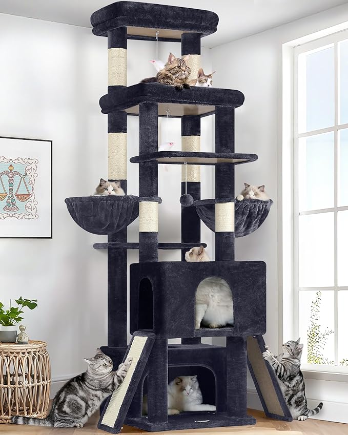 Globlazer Heavy Duty Cat Tree 78 inch Sturdy Cat Tower for 20lbs Large Adult Cats, Symmetrical Aesthetic Big Cat Tree with Extra Large Platform, 2 Scratching Boards, Z78, Dark Grey