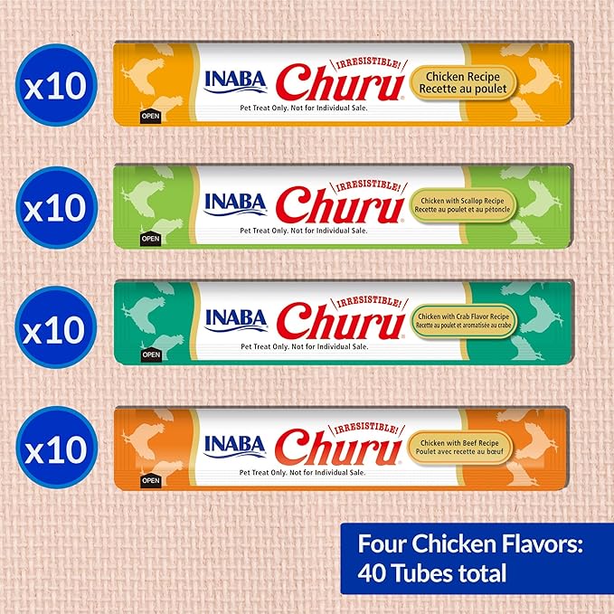 INABA Churu Cat Treats, Grain-Free, Lickable, Squeezable Creamy Purée Cat Treat/Topper with Vitamin E & Taurine, 0.5 Ounces Each Tube, 40 Tubes, Chicken Variety Box