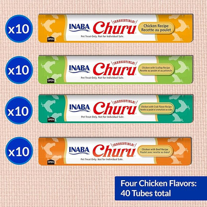 INABA Churu Cat Treats, Grain-Free, Lickable, Squeezable Creamy Purée Cat Treat/Topper with Vitamin E & Taurine, 0.5 Ounces Each Tube, 40 Tubes, Chicken Variety Box