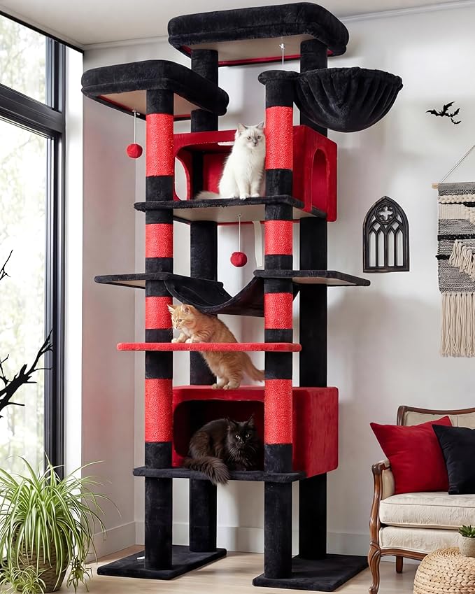 Globlazer XXL Giant Gothic Cat Tree, 83 Inch Heavy Duty Tall Goth Cat Tower for Indoor Cats Large Adult, Multi-Level Large Cat Condo with 8 Scratching Posts, Hammock, 2 Platform, F83B, Black Red